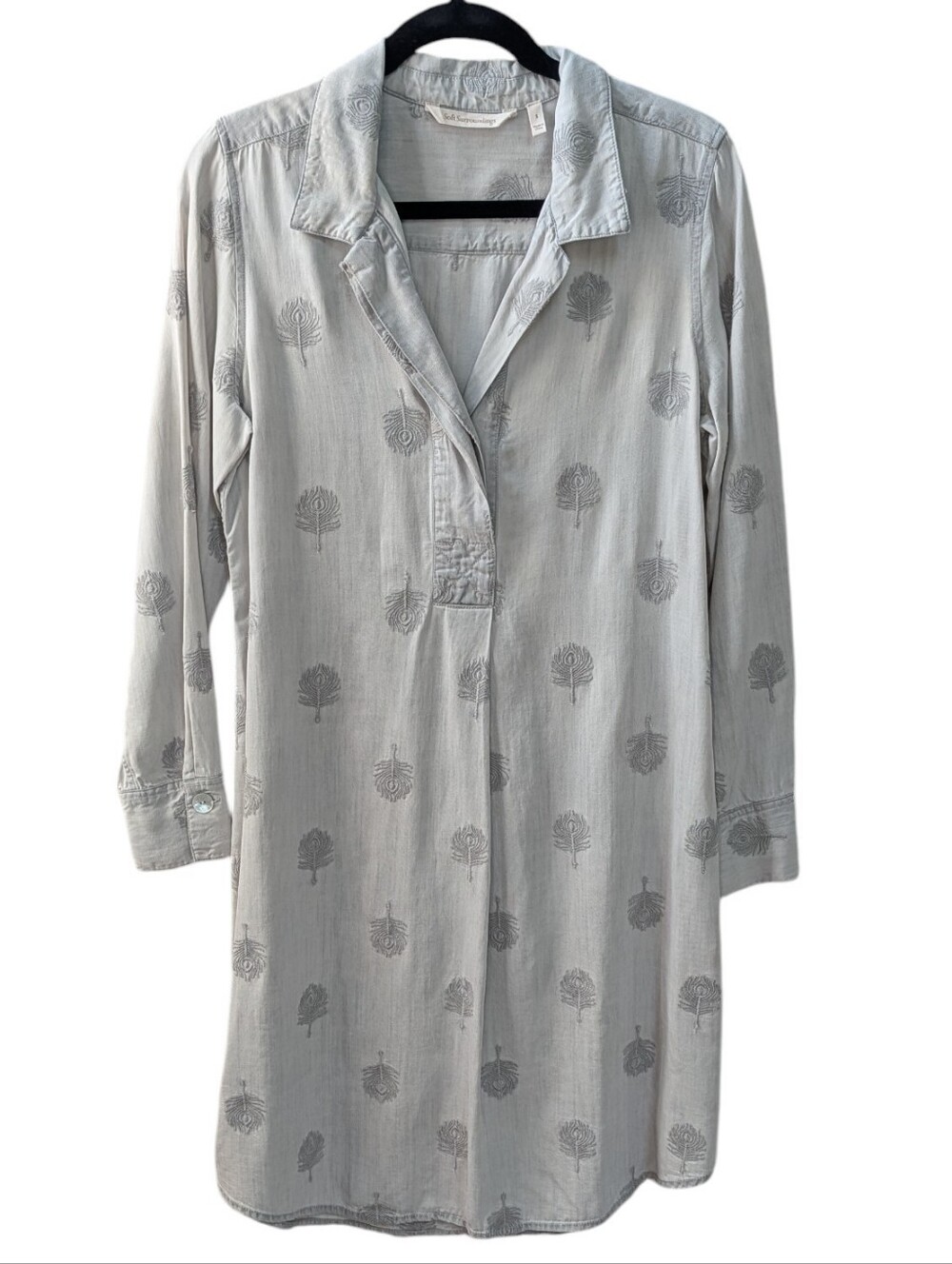 Soft Surroundings  Light Gray Peacock Feather Print Chambray Tunic Dress. Small